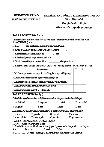 Đề kiểm tra cuối học kì II môn Tiếng Anh Lớp 7 - Năm học 2023-2024 - Nguyễn Thị Như Hạ (Có file nghe + đáp án)