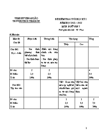 Đề kiểm tra cuối học kỳ I môn Ngữ văn Lớp 7 - Năm học 2021-2022 - Nguyễn Thị Lan Phương (Có đáp án)