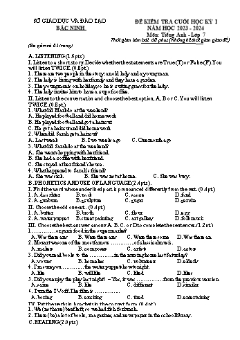 Đề kiểm tra cuối học kỳ I môn Tiếng Anh Lớp 7 - Năm học 2023-2024 - Sở GD&ĐT Bắc Ninh (Có file nghe + đáp án)