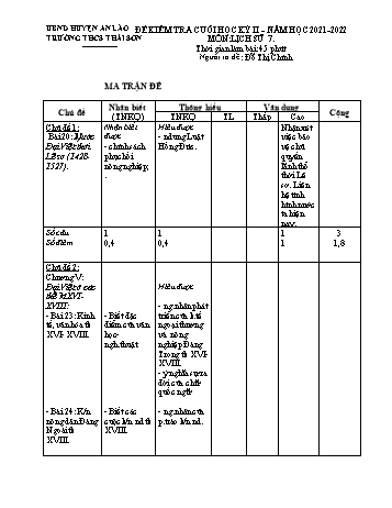 Đề kiểm tra cuối học kỳ II môn Lịch sử Lớp 7 - Năm học 2021-2022 - Đỗ Thị Chính (Có đáp án)