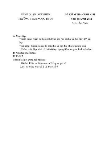 Đề kiểm tra cuối kì II môn Âm nhạc Lớp 7 - Năm học 2021-2022 - Trường THCS Ngọc Thụy