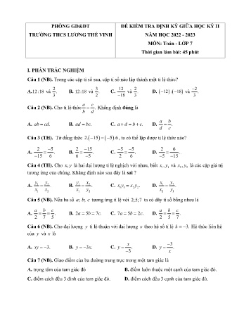 Đề kiểm tra định kỳ giữa học kỳ II môn Toán Lớp 7 - Năm học 2022-2023 - Trường THCS Lương Thế Vinh (Có đáp án)