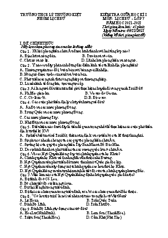 Đề kiểm tra giữa học kì I môn Lịch sử Lớp 7 - Năm học 2021-2022 - Trường THCS Lý Thường Kiệt (Có đáp án)
