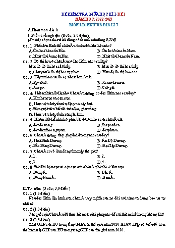 Đề kiểm tra giữa học kì I môn Lịch sử và Địa lí Lớp 7 - Năm học 2022-2023 (Có đáp án)