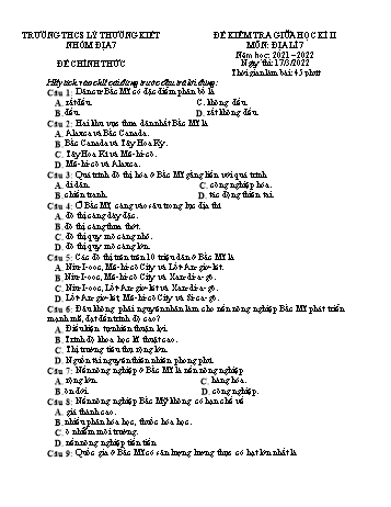 Đề kiểm tra giữa học kì II môn Địa lí Lớp 7 - Năm học 2021-2022 - Trường THCS Lý Thường Kiệt (Có đáp án)