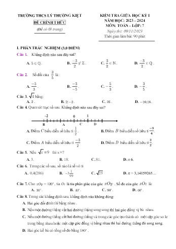 Đề kiểm tra giữa học kỳ I môn Toán Lớp 7 - Năm học 2023-2024 - Trường THCS Lý Thường Kiệt (Có đáp án)