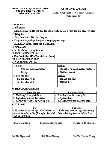 Đề kiểm tra giữa kì I môn Âm nhạc Lớp 7 - Năm học 2023-2024 - Vũ Thị Huyền Trang (Có đáp án)