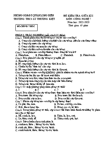 Đề kiểm tra giữa kì I môn Công nghệ Lớp 7 - Năm học 2022-2023 - Trường THCS Lý Thường Kiệt (Có đáp án)
