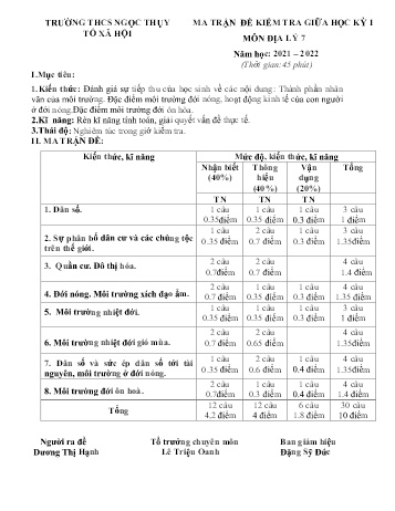 Đề kiểm tra giữa kì I môn Địa lí Lớp 7 - Năm học 2021-2022 - Dương Thị Hạnh (Có đáp án)