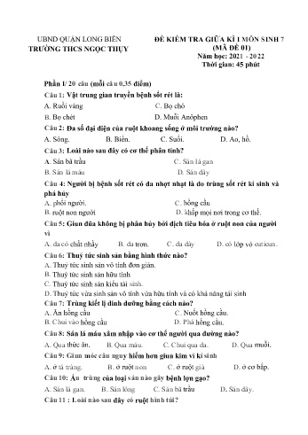 Đề kiểm tra giữa kì I môn Sinh học Lớp 7 - Năm học 2021-2022 - Nguyễn Thị Thanh Bình (Có đáp án)