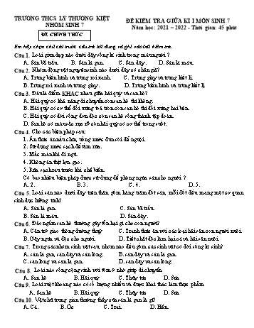 Đề kiểm tra giữa kì I môn Sinh học Lớp 7 - Năm học 2021-2022 - Trường THCS Lý Thường Kiệt (Có đáp án)