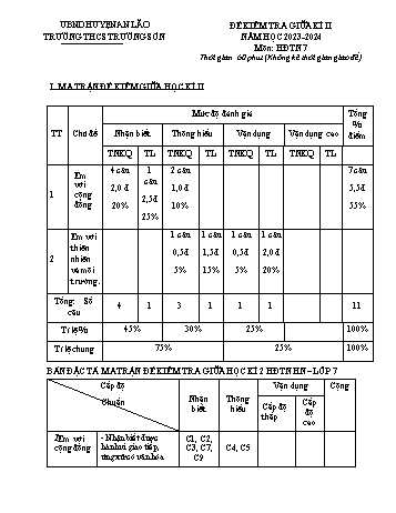 Đề kiểm tra giữa kì II môn Hoạt động trải nghiệm Lớp 7 - Năm học 2023-2024 - Trường THCS Trường Sơn (Có đáp án)