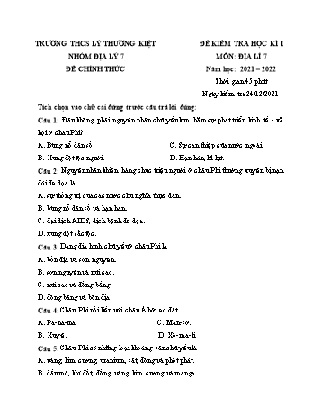 Đề kiểm tra học kì I môn Địa lí Lớp 7 - Năm học 2021-2022 - Trường THCS Lý Thường Kiệt (Có đáp án)