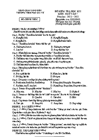 Đề kiểm tra học kì I môn Ngữ văn Lớp 7 - Năm học 2021-2022 - Trường THCS Ngô Gia Tự