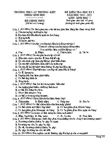 Đề kiểm tra học kì I môn Sinh học Lớp 7 - Năm học 2021-2022 - Trường THCS Lý Thường Kiệt