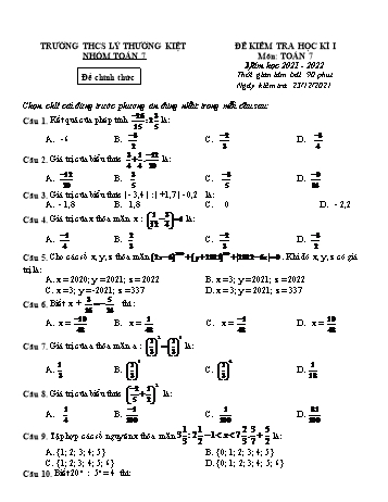 Đề kiểm tra học kì I môn Toán Lớp 7 - Năm học 2021-2022 - Trường THCS Lý Thường Kiệt (Có đáp án)