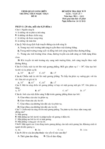 Đề kiểm tra học kì I môn Vật lý Lớp 7 - Năm học 2021-2022 - Trường THCS Ngọc Thụy