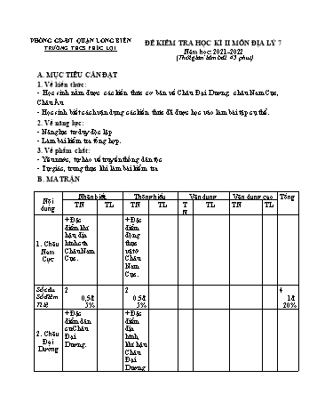 Đề kiểm tra học kì II môn Địa lý Lớp 7 - Năm học 2021-2022 - Lê Thị Ngọc Yến (Có đáp án)