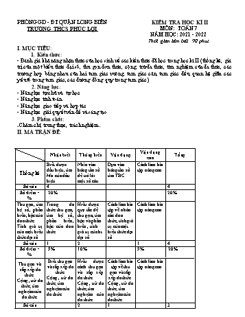 Đề kiểm tra học kì II môn Toán Lớp 7 - Năm học 2021-2022 - Nguyễn Thị Loan (Có đáp án)