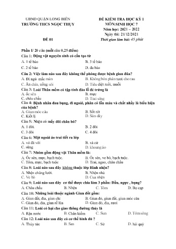 Đề kiểm tra học kỳ I môn Sinh học Lớp 7 - Năm học 2021-2022 - Trường THCS Ngọc Thụy