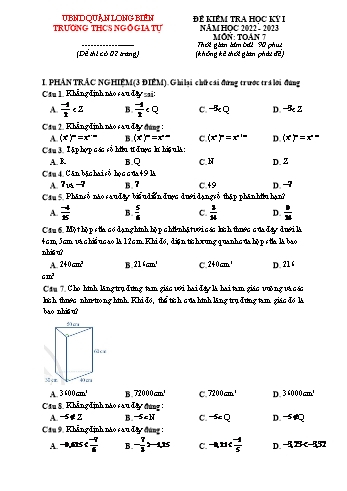 Đề kiểm tra học kỳ I môn Toán Lớp 7 - Năm học 2022-2023 - Trường THCS Ngô Gia Tự (Có đáp án)