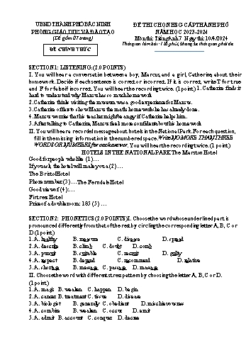 Đề thi chọn học sinh giỏi cấp Thành phố môn Tiếng Anh Lớp 7 - Năm học 2023-2024 - Sở GD&ĐT Bắc Ninh (Có file nghe + đáp án)