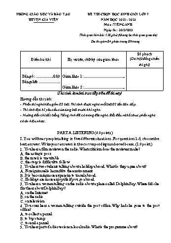 Đề thi chọn học sinh giỏi môn Tiếng Anh Lớp 7 - Năm học 2022-2023 - Phòng GD&ĐT Gia Viễn (Có file nghe + đáp án)