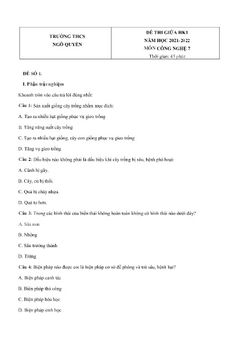 Đề thi giữa học kì 1 môn Công nghệ Lớp 7 - Năm học 2021-2022 - Trường THCS Ngô Quyền (Có đáp án)