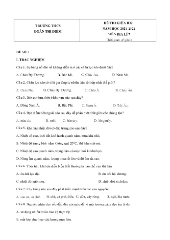 Đề thi giữa học kì 1 môn Địa lí Lớp 7 - Năm học 2021-2022 - Trường THCS Đoàn Thị Điểm (Có đáp án)