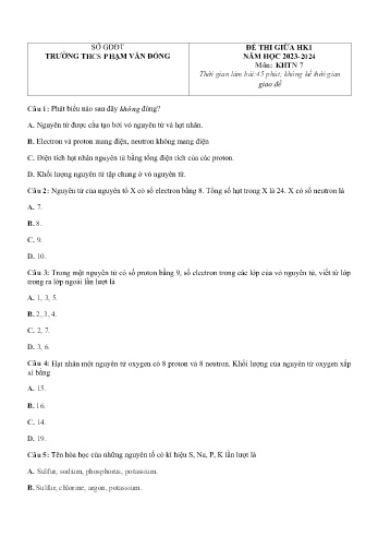 Đề thi giữa học kì 1 môn Khoa học tự nhiên Lớp 7 - Năm học 2023-2024 - Trường THCS Phạm Văn Đồng (Có đáp án)