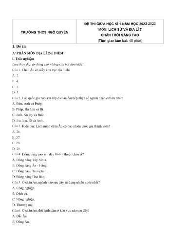 Đề thi giữa học kì 1 môn Lịch sử và Địa lí Lớp 7 (Chân trời sáng tạo) - Năm học 2022-2023 - Trường THCS Ngô Quyền (Có đáp án)