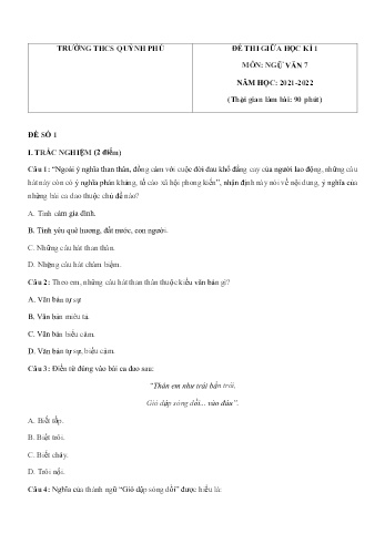 Đề thi giữa học kì 1 môn Ngữ văn Lớp 7 - Năm học 2021-2022 - Trường THCS Quỳnh Phú (Có đáp án)