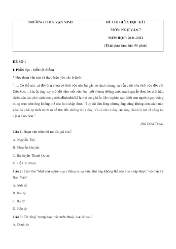 Đề thi giữa học kì 1 môn Ngữ văn Lớp 7 - Năm học 2021-2022 - Trường THCS Vạn Ninh (Có đáp án)
