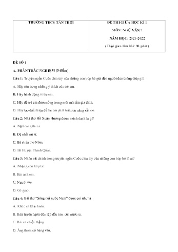 Đề thi giữa học kì 1 môn Ngữ văn Lớp 7 - Năm học 2021-2022 - Trường THCS Tân Thới (Có đáp án)