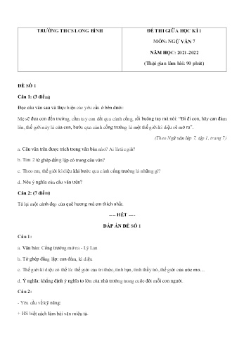 Đề thi giữa học kì 1 môn Ngữ văn Lớp 7 - Năm học 2021-2022 - Trường THCS Long Bình (Có đáp án)