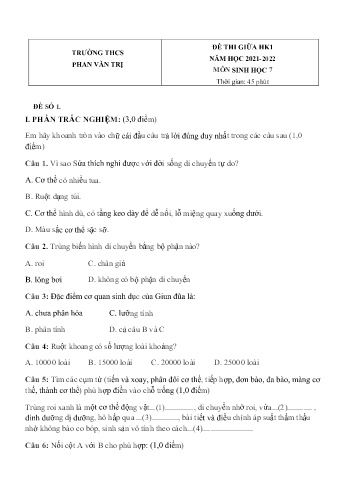 Đề thi giữa học kì 1 môn Sinh học Lớp 7 - Năm học 2021-2022 - Trường THCS Phan Văn Trị (Có đáp án)
