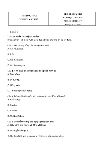Đề thi giữa học kì 1 môn Sinh học Lớp 7 - Năm học 2021-2022 - Trường THCS Nguyễn Văn Trỗi (Có đáp án)