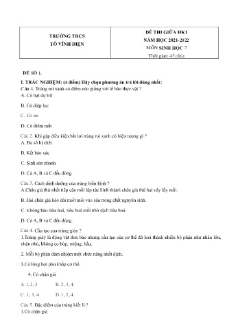 Đề thi giữa học kì 1 môn Sinh học Lớp 7 - Năm học 2021-2022 - Trường THCS Tô Vĩnh Diện (Có đáp án)