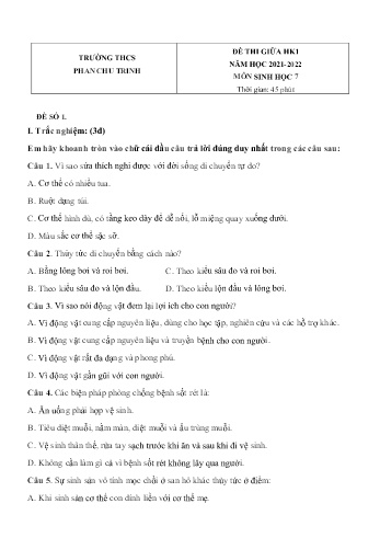 Đề thi giữa học kì 1 môn Sinh học Lớp 7 - Năm học 2021-2022 - Trường THCS Phan Chu Trinh (Có đáp án)