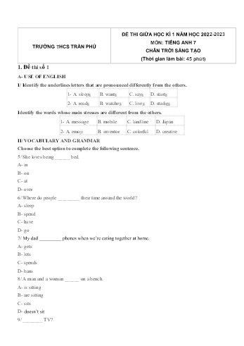 Đề thi giữa học kì 1 môn Tiếng Anh Lớp 7 (Chân trời sáng tạo) - Năm học 2022-2023 - Trường THCS Trần Phú (Có đáp án)