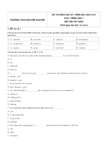 Đề thi giữa học kì 1 môn Tiếng Anh Lớp 7 (Kết nối tri thức và cuộc sống) - Năm học 2022-2023 - Trường THCS Nguyễn Khuyến (Có đáp án)