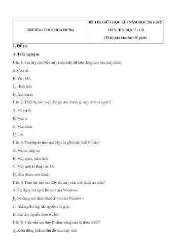 Đề thi giữa học kì 1 môn Tin học Lớp 7 (Cánh diều) - Năm học 2022-2023 - Trường THCS Hòa Hưng (Có đáp án)