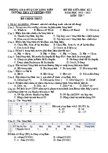 Đề thi giữa học kì 1 môn Tin học Lớp 7 - Năm học 2021-2022 - Trường THCS Lý Thường Kiệt (Có đáp án)