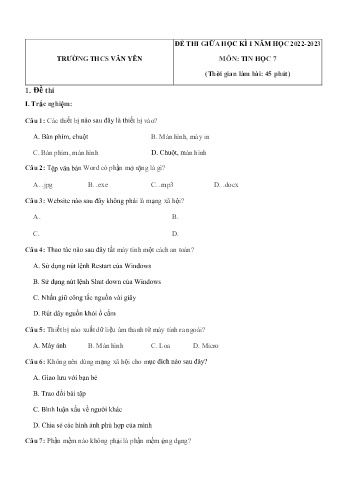 Đề thi giữa học kì 1 môn Tin học Lớp 7 - Năm học 2022-2023 - Trường THCS Văn Yên (Có đáp án)