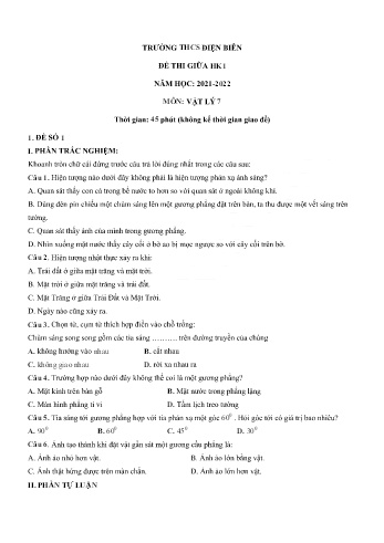 Đề thi giữa học kì 1 môn Vật lý Lớp 7 - Năm học 2021-2022 - Trường THCS Điện Biên (Có đáp án)