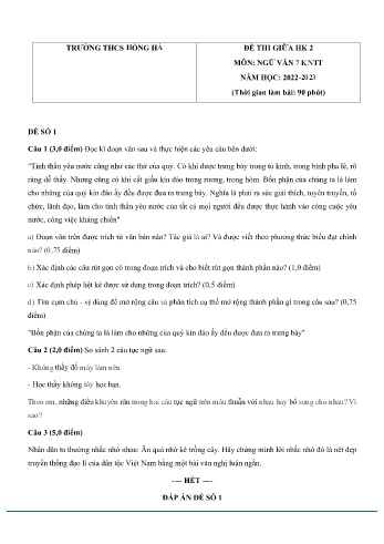 Đề thi giữa học kì 2 môn Ngữ văn Lớp 7 (Kết nối tri thức và cuộc sống) - Năm học 2022-2023 - Trường THCS Hồng Hà (Có đáp án)