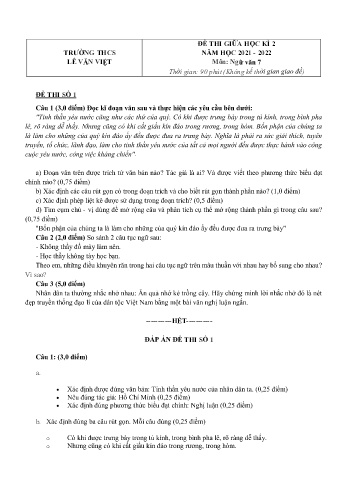 Đề thi giữa học kì 2 môn Ngữ văn Lớp 7 - Năm học 2021-2022 - Trường THCS Lê Văn Việt (Có đáp án)