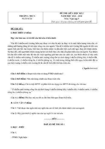 Đề thi giữa học kì 2 môn Ngữ văn Lớp 7 - Năm học 2021-2022 - Trường THCS Ngô Mây (Có đáp án)