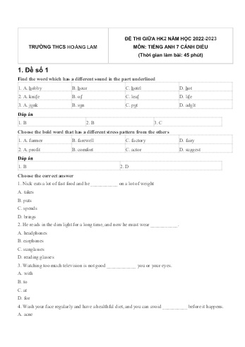 Đề thi giữa học kì 2 môn Tiếng Anh Lớp 7 (Cánh diều) - Năm học 2022-2023 - Trường THCS Hoàng Lam (Có đáp án)