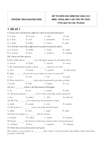 Đề thi giữa học kì 2 môn Tiếng Anh Lớp 7 (Kết nối tri thức và cuộc sống) - Năm học 2022-2023 - Trường THCS Nguyễn Hiền (Có đáp án)